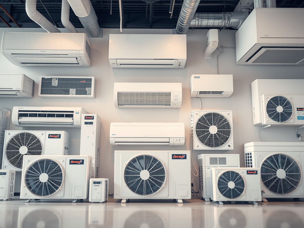 Muestra de varios modelos de aires acondicionados en exhibición, incluyendo unidades de pared y sistemas de ventilación.